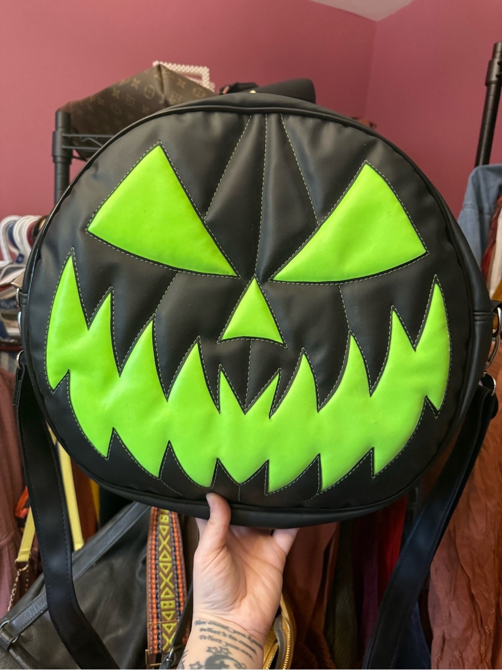 Nara Prado Vinyl Black Green Large Pumpkin Halloween Crossbody Bag Handmade